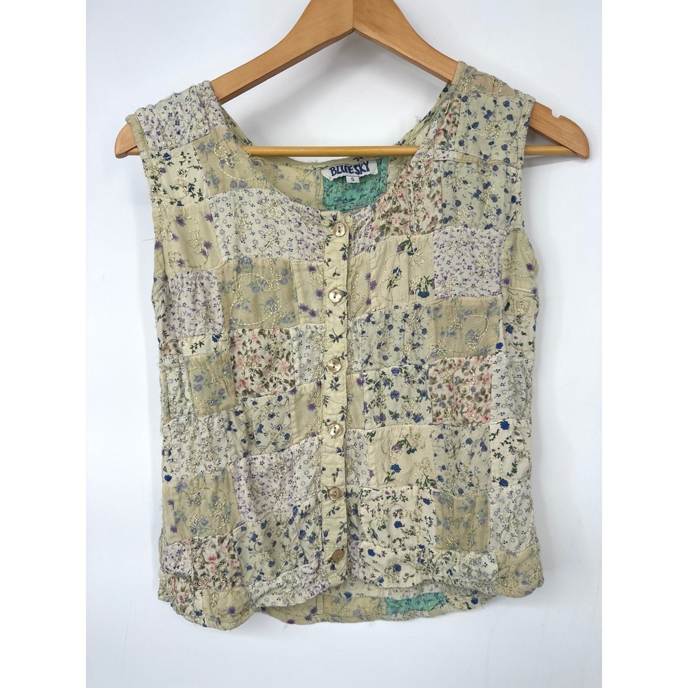 Blue Sky Patchwork Vest Women S Floral Embroidered Boho Cottagecore Artsy